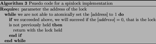 \begin{algorithm} % latex2html id marker 63\caption{Psuedo code for a spinlock... ...TATE return with the lock held \ENDIF \ENDWHILE \end{algorithmic}\end{algorithm}