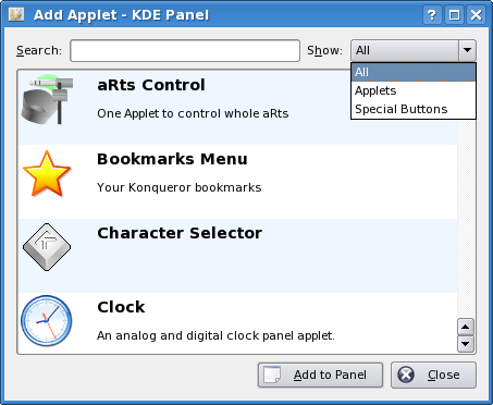 KDE 3.5 kicker add applet dialog