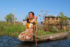 Woman row in a small creek